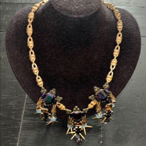 J. Crew Iridescent Dark Purple Green Rhinestone Dangles Bib Necklace Statement - Picture 2 of 10